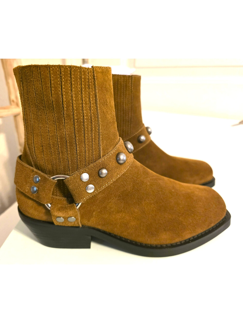 Anthropologie Bibi Lou Suede Moto Ankle Boots Western Cedar Brown NIB Sz 37/6.5